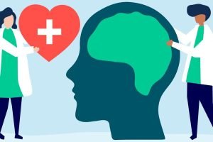 Neuroscientists with a giant chart of human brain and a heart icon